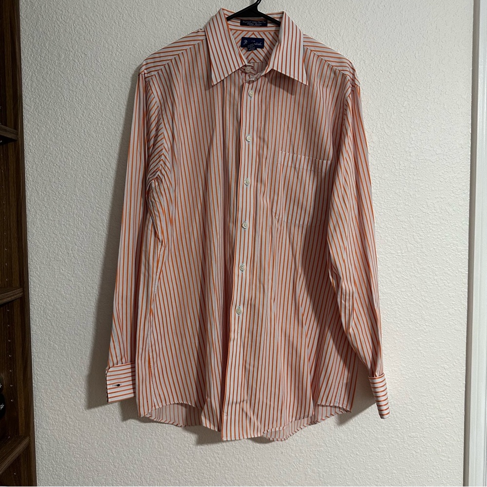Paul Fredrick Shirt Mens 16-35 Orange Two Ply Cotton Pinpoint Stripe Tennessee